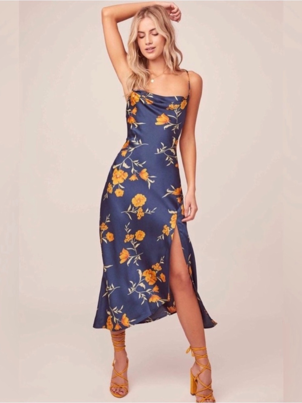 Astr Dark Teal Slip Dress with Gold Floral Print - Picture 5 of 6